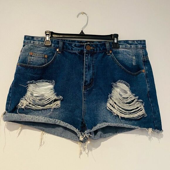 Boohoo Blue Distressed High Waist Denim Shorts Size 16 - Picture 1 of 5